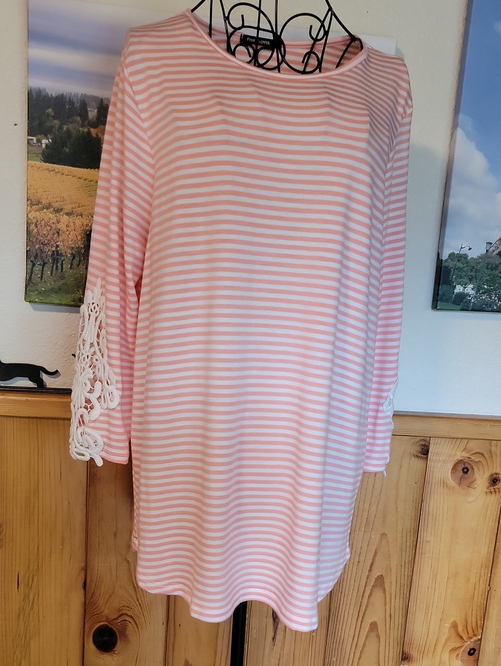 Pink Clover Pink and White Striped Crochet-Sleeve Women's Top